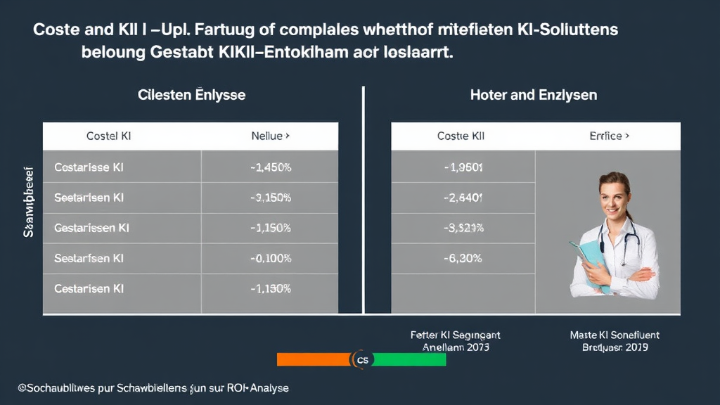 Grafik, die den Vergleich von Kosten und Nutzen zwischen fertigen KI-Lösungen und eigener KI-Entwicklung darstellt, mit Schaubildern zur ROI-Analyse.