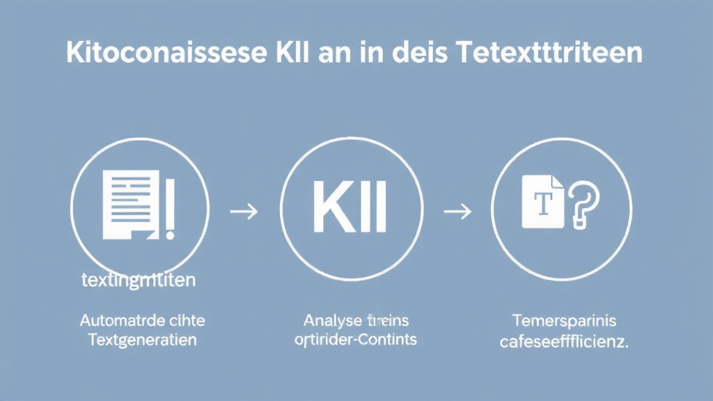 Grafik, die die Funktionsweise von KI in der Texterstellung zeigt: Automatisierte Textgenerierung, Analyse und Optimierung bestehender Inhalte mit Symbolen für Zeitersparnis und Kosteneffizienz.