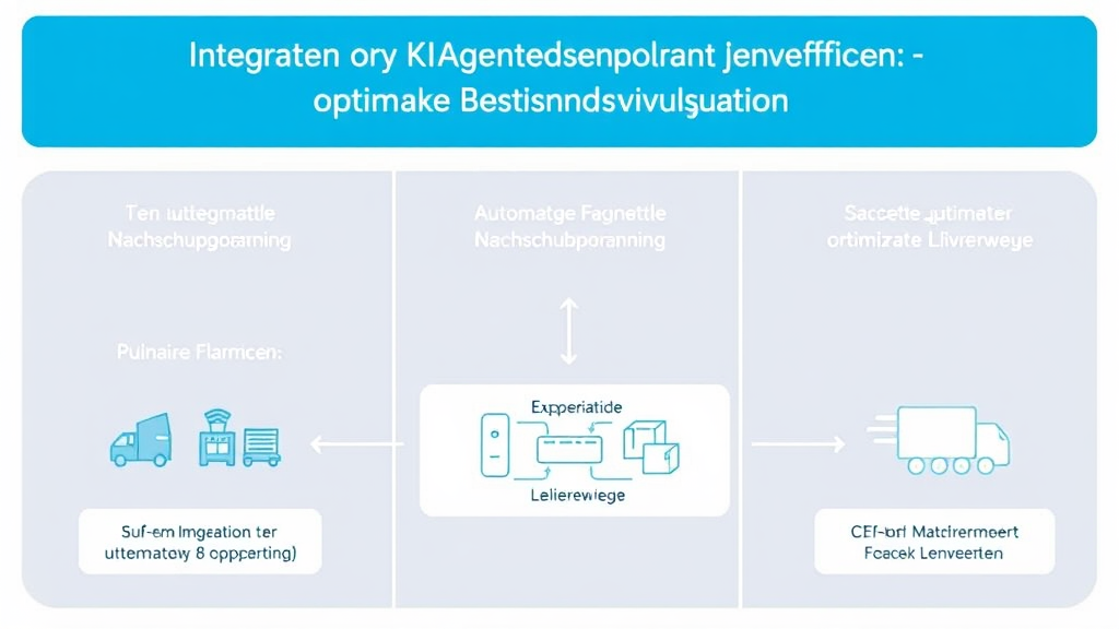 Grafik, die die Integration von KI-Agenten in die Bestandsverwaltung zeigt, mit Diagrammen für automatisierte Nachschubplanung und optimierte Lieferwege.