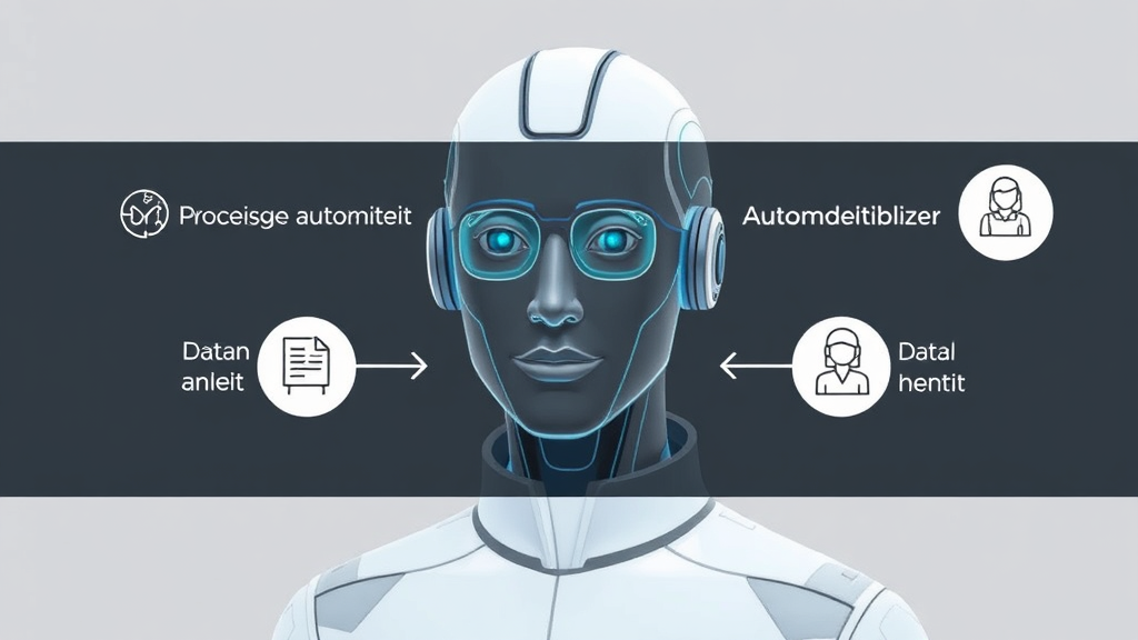 Grafik eines KI-Agenten, der Daten analysiert, Prozesse automatisiert und mit Mitarbeitenden interagiert, um Effizienz und Kundenerlebnis zu optimieren.