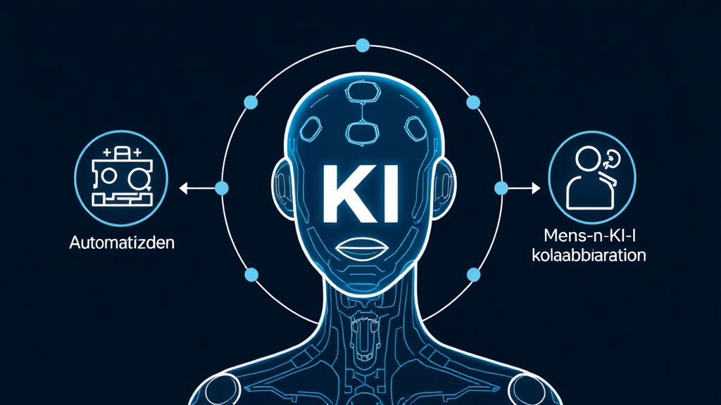 Grafik eines KI-Agenten, der autonom Entscheidungsprozesse steuert, mit Symbolen für Automatisierung, Workflow-Optimierung und Mensch-KI-Kollaboration im Hintergrund.