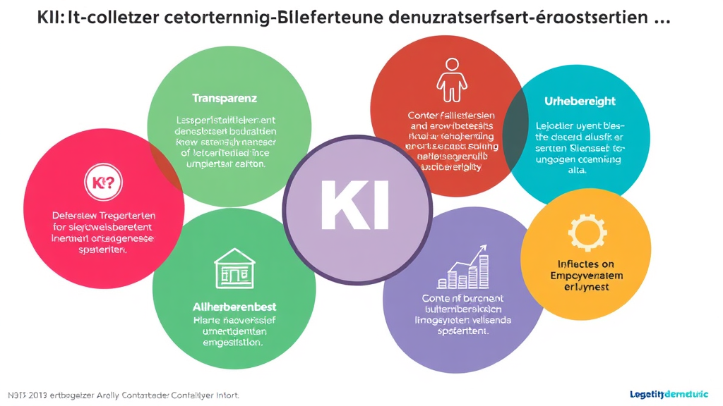 Grafik mit verschiedenen Aspekten des KI-Einsatzes in der Content-Erstellung, einschließlich Transparenz, Urheberrecht, Bias, Fehlinformationen und Auswirkungen auf Beschäftigung.