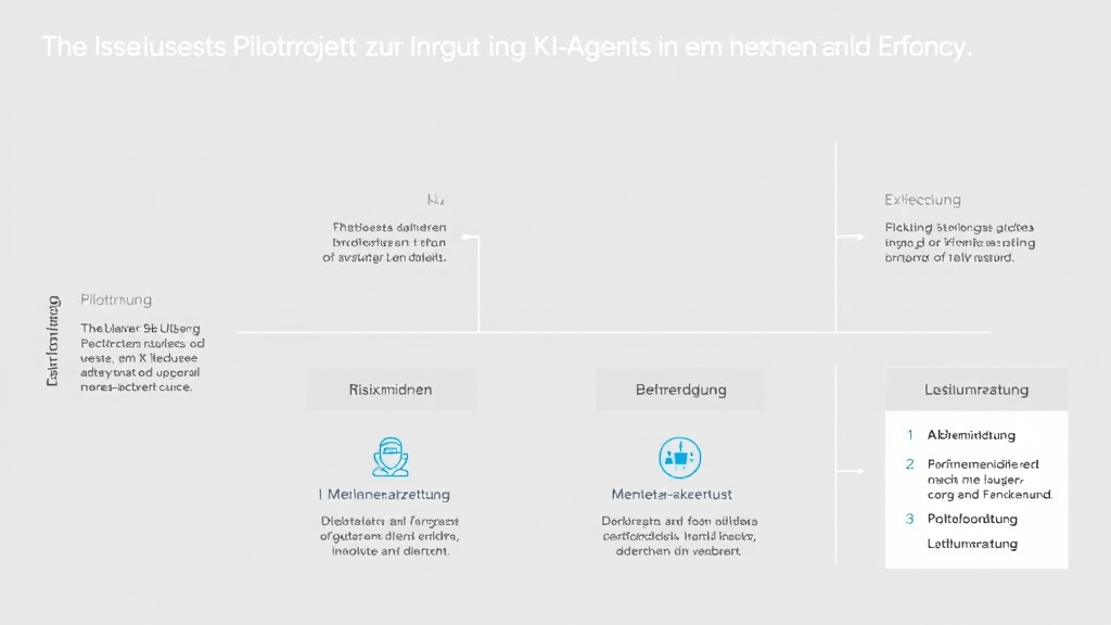 Grafische Darstellung eines Pilotprojekts zur Einführung von KI-Agenten in einem Unternehmen, mit Diagrammen zu Risikominderung, Mitarbeiterakzeptanz und Leistungsbewertung.