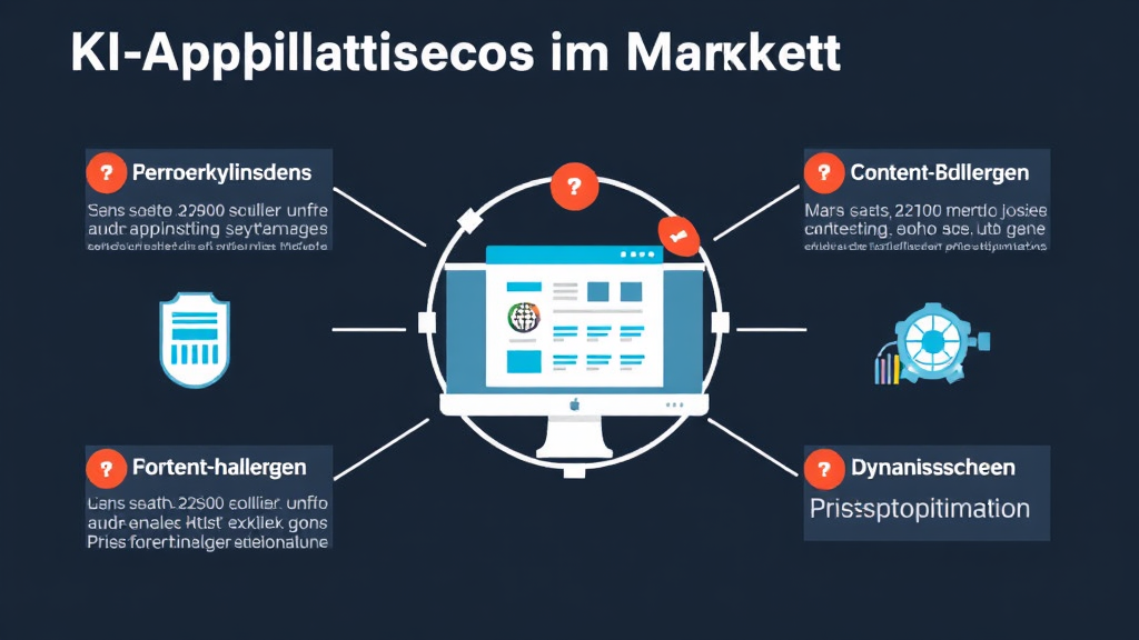 Grafische Darstellung von KI-Anwendungen im Marketing, einschließlich personalisierter Produktempfehlungen, automatisierter Content-Erstellung und dynamischer Preisoptimierung.