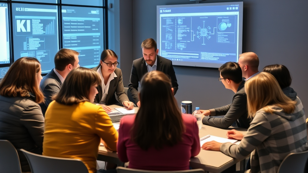 Gruppenschulung von Mitarbeitenden zur Einführung von KI-Technologien, mit Lehrmaterialien und einem Trainer, der praktische Anwendungsbeispiele zeigt.