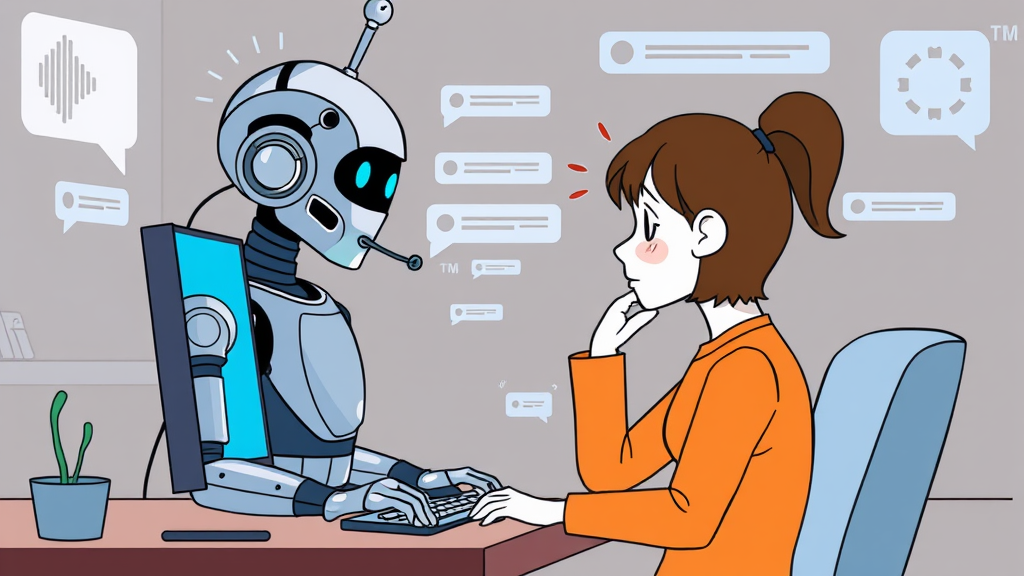 Illustration eines Chatbots im Kundenservice, der mithilfe von KI einfache Fragen beantwortet, während eine Person vor einem Computer frustriert auf eine komplexe Anfrage wartet.