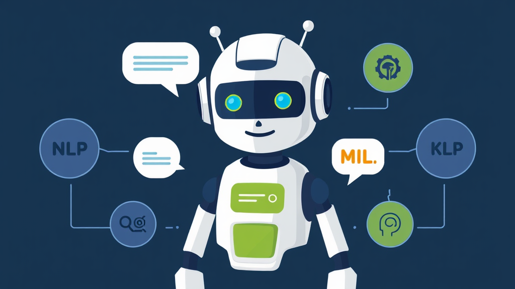 Illustration eines Conversational AI-Systems mit Chatbot-Interface, das auf Kundenanfragen reagiert, umgeben von Symbolen für NLP, ML und Spracherkennung.