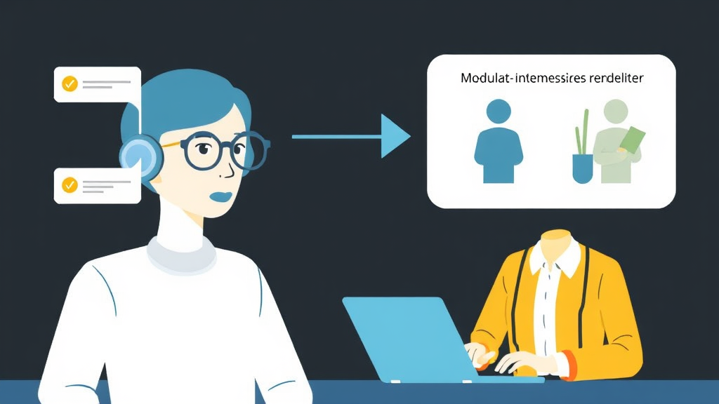 Illustration eines KI-Agenten, der Kundenanfragen bearbeitet, während menschliche Mitarbeiter an komplexen Aufgaben arbeiten. Grafische Darstellung von Modularität und Skalierbarkeit im Kundenservice.