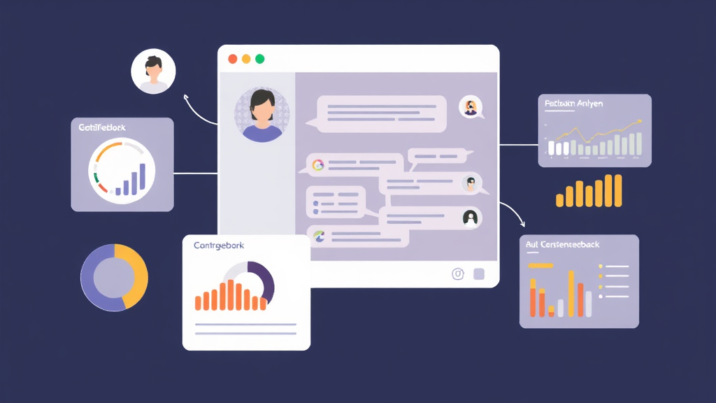 Illustration eines KI-Agenten, der in einem Chatfenster personalisierte Kundeninteraktionen verarbeitet, umgeben von Grafiken zu Datenanalysen und Kundenfeedback.