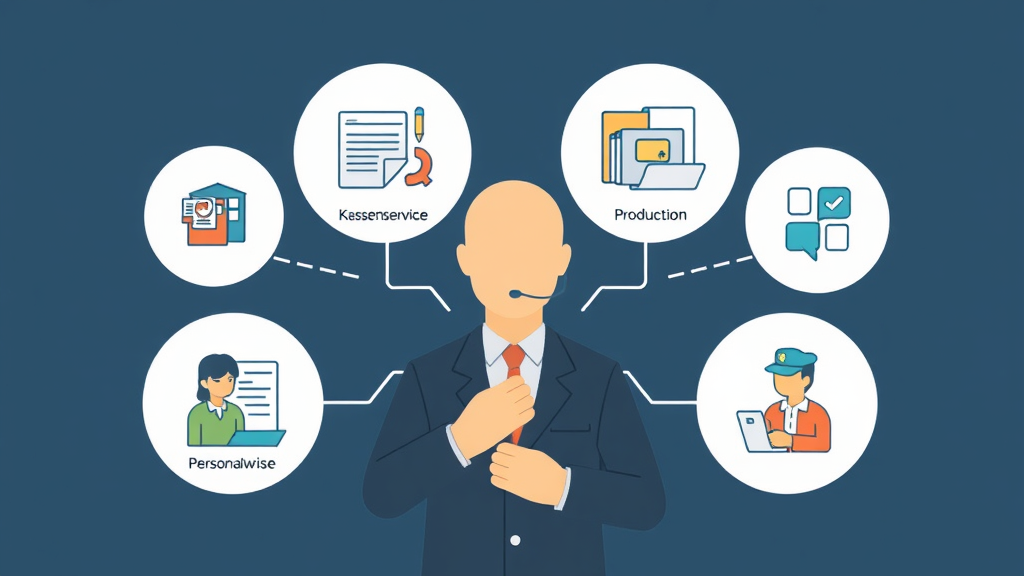 Illustration eines KI-Agenten, der verschiedene Unternehmensbereiche wie Kundenservice, Produktion und Personalwesen automatisiert, um Kosteneinsparungen und Effizienzsteigerungen zu erzielen.