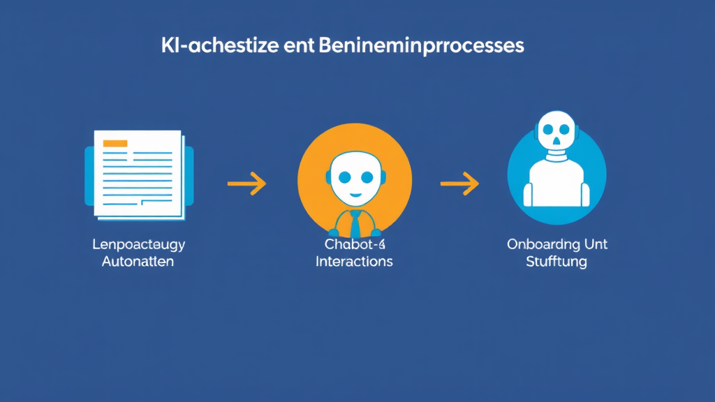 Illustration eines KI-gestützten Bewerbungsprozesses, der automatisierte Lebenslaufanalysen, Chatbot-Interaktionen und Onboarding-Unterstützung zeigt.