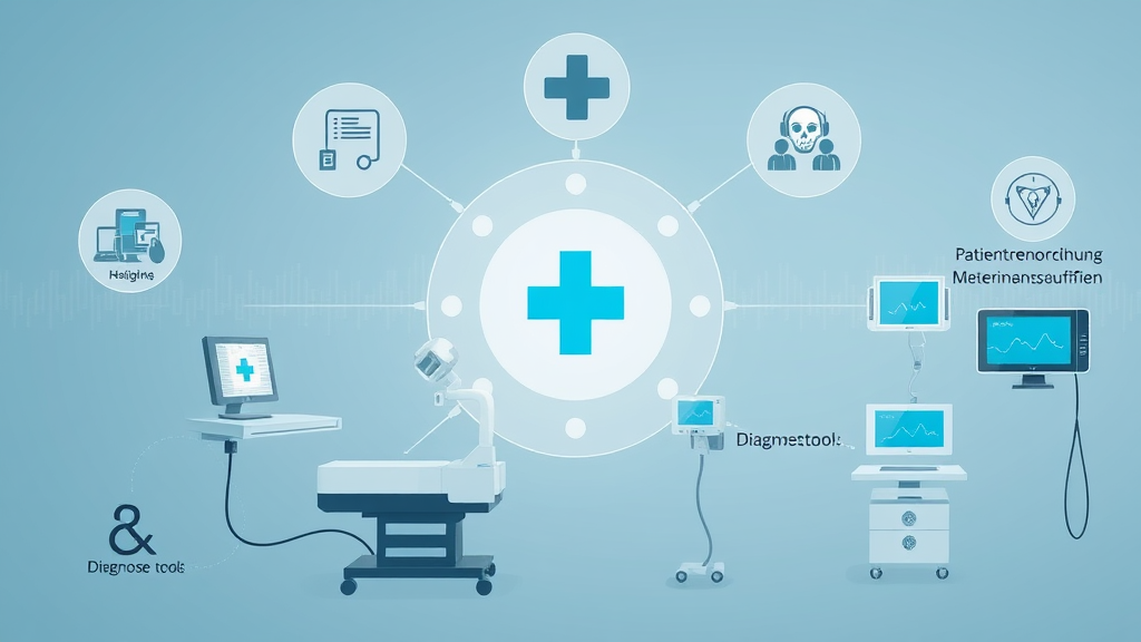 Illustration eines KI-gestützten Gesundheitssystems mit automatisierten Verwaltungsaufgaben, Diagnosetools, Robotern in der Chirurgie und Patientenüberwachungsgeräten.