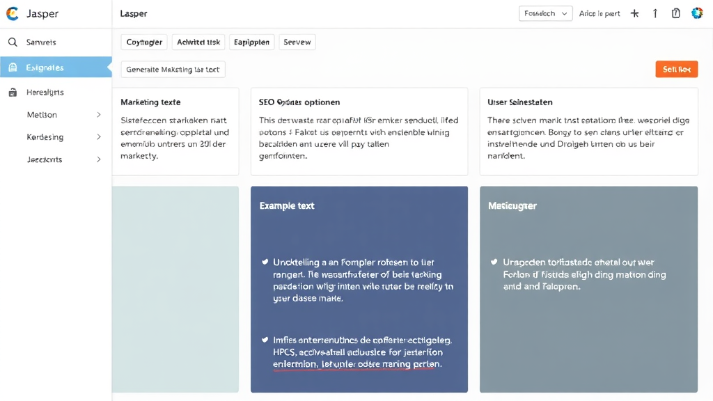 Screenshot der Jasper-Oberfläche mit Beispielen für generierte Marketingtexte, SEO-Optimierungsoptionen und Benutzeranpassungen.