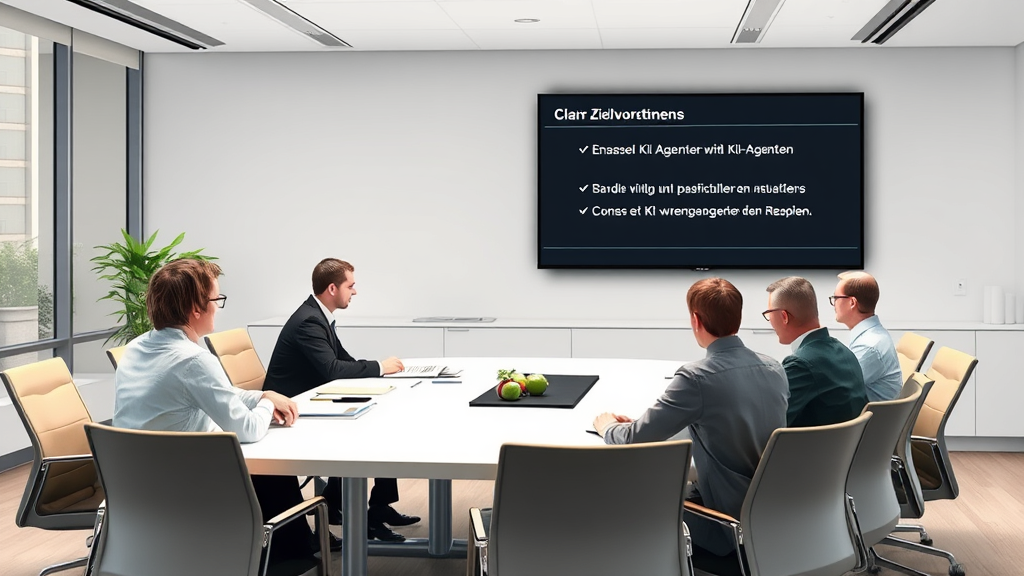 Visualisierung eines Unternehmensmeeting mit einem Team, das an einem Tisch sitzt, während ein Bildschirm mit klaren Zielvorgaben für den Einsatz von KI-Agenten angezeigt wird.