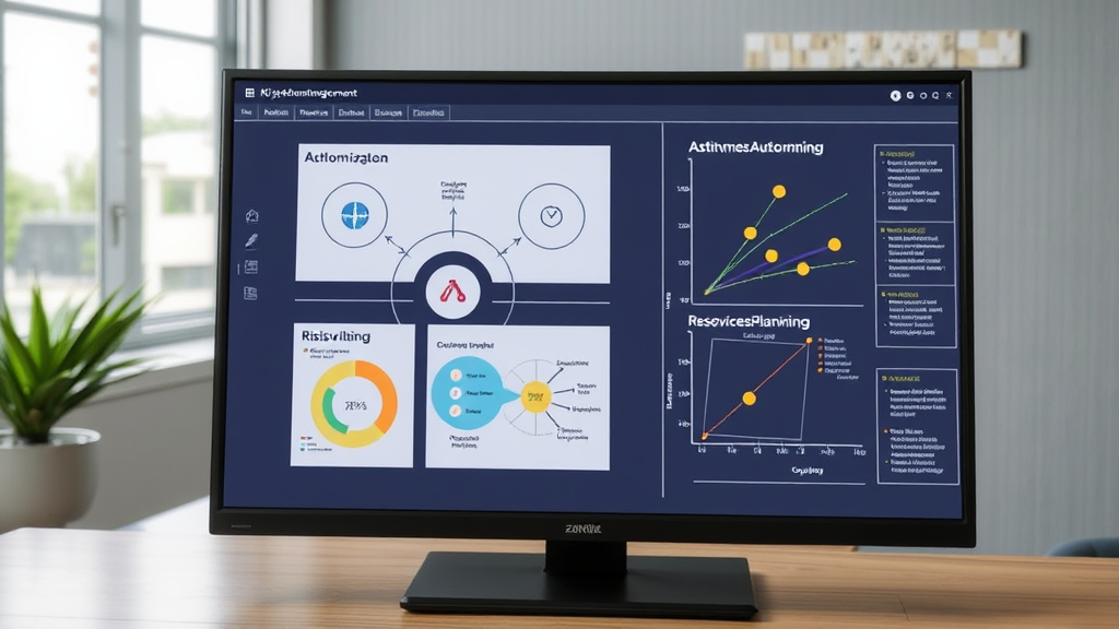 Visualisierung von KI-gestützten Projektmanagement-Tools mit Diagrammen für Aufgabenautomatisierung, Ressourcenplanung und Risikobewertung auf einem Bildschirm.