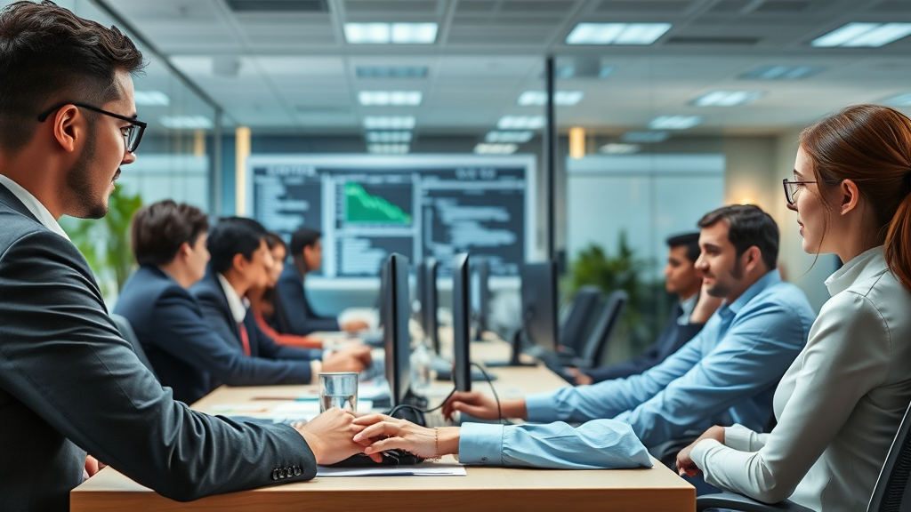 Büroszene mit Mitarbeitern, die von KI-gestützten Systemen unterstützt werden, während ein virtueller Assistent Fragen am Computer beantwortet und Daten analysiert.