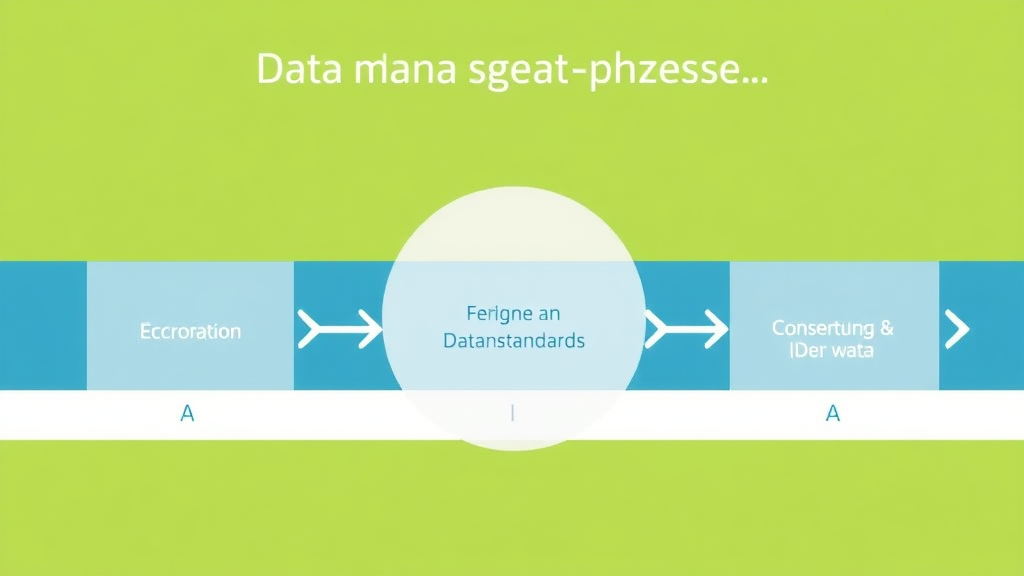 Grafik, die den Datenmanagementprozess zeigt: Erfassung, Verarbeitung und Pflege von Daten mit einem Fokus auf Qualitätssicherung und Datenstandards.