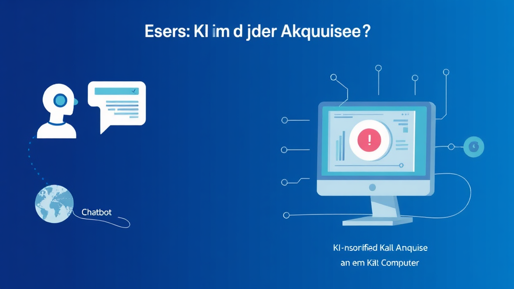 Grafik, die den Einsatz von KI in der Akquise zeigt: Chatbot-Interaktion, Vertriebsassistenten-Analyse und KI-gestützte Kaltakquise an einem Computer.