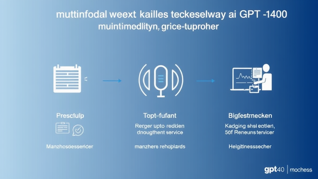 Grafik, die die multimodalen Fähigkeiten von GPT-4o zeigt, einschließlich Text-, Audio- und Bildverarbeitung, mit Beispielen für Anwendungen im Kundenservice und Gesundheitswesen.
