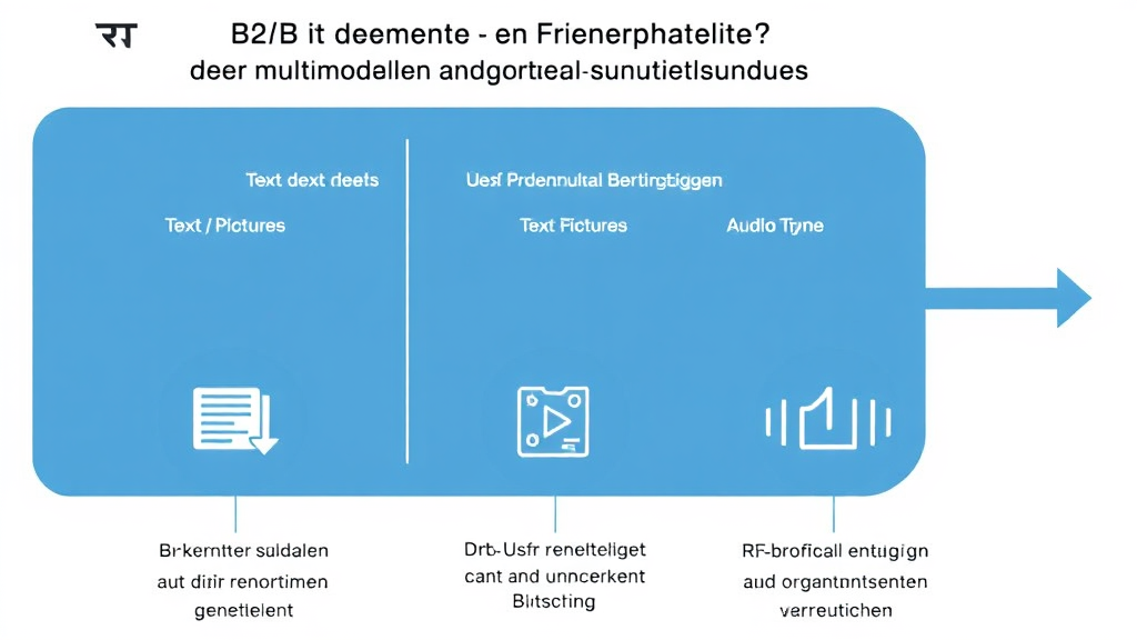 Grafik eines B2B-Unternehmens, das GPT-4o in der Produktentwicklung integriert, mit Symbolen für Text, Bilder und Audio, die den multimodalen Ansatz verdeutlichen.