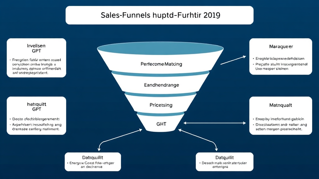 Grafik eines Sales-Funnels mit integrierten GPT-basierten KI-Agenten, die Datenschutz, Datenqualität und Mitarbeiterakzeptanz thematisieren.