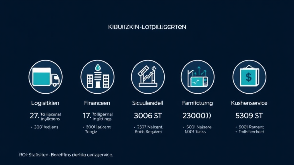 Grafik mit mehreren Symbolen, die KI-Anwendungen in Logistik, Finanzen, Einzelhandel, Fertigung und Kundenservice darstellen, sowie ROI-Statistiken und Effizienzgewinne.