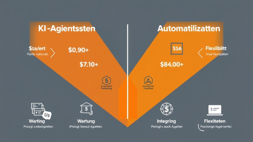 Grafische Darstellung eines Vergleichs zwischen KI-Agenten und klassischer Automatisierung, mit Schaubildern zu Kosten, Wartung, Integration und Flexibilität.