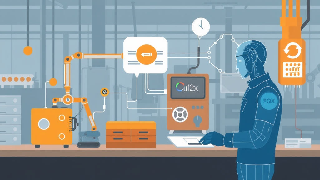 Illustration eines Produktionsprozesses mit klassischer Automatisierung und einem KI-Agenten, der komplexe Entscheidungen trifft und Datenanalysen durchführt.