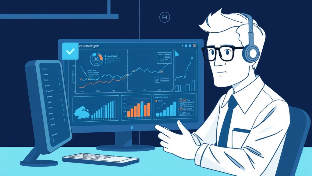 Illustration eines Vertriebsmitarbeiters, der mit einem KI-Agenten interagiert, während Verkaufsdaten analysiert werden und automatisierte Nachrichten auf dem Bildschirm angezeigt werden.