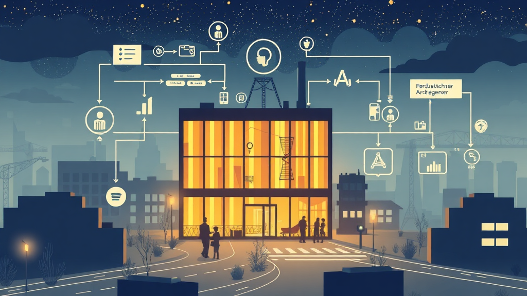 Illustration eines mittelständischen Unternehmens, das GPT-basierte KI-Agenten in modularer Architektur nutzt, um Prozesse zu optimieren und flexibel auf Marktbedingungen zu reagieren.