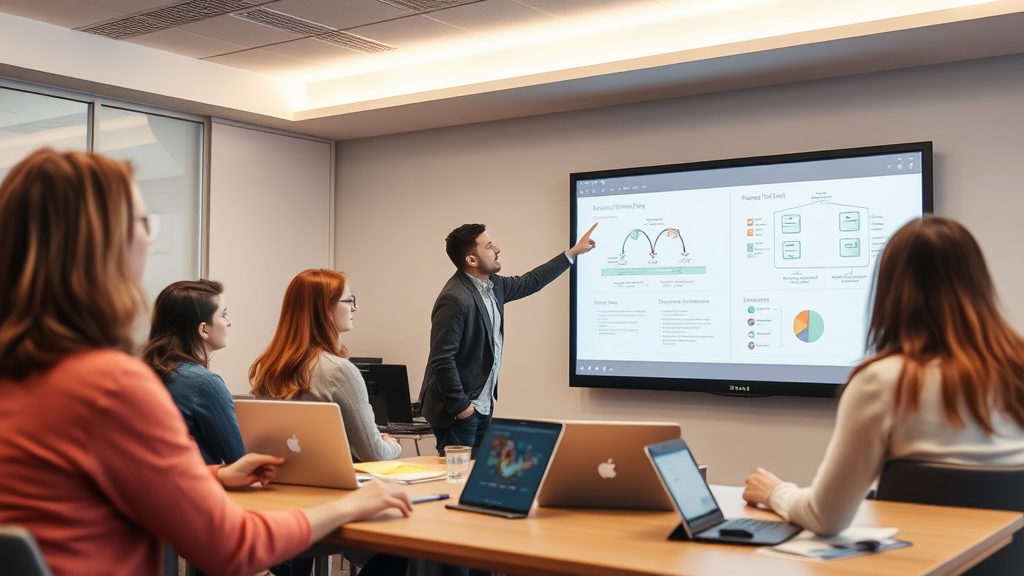Mitarbeitende in einer Schulung zur Nutzung von KI-Technologien, unterstützt von einem Trainer, während Grafiken und Diagramme an einer Wand präsentiert werden.