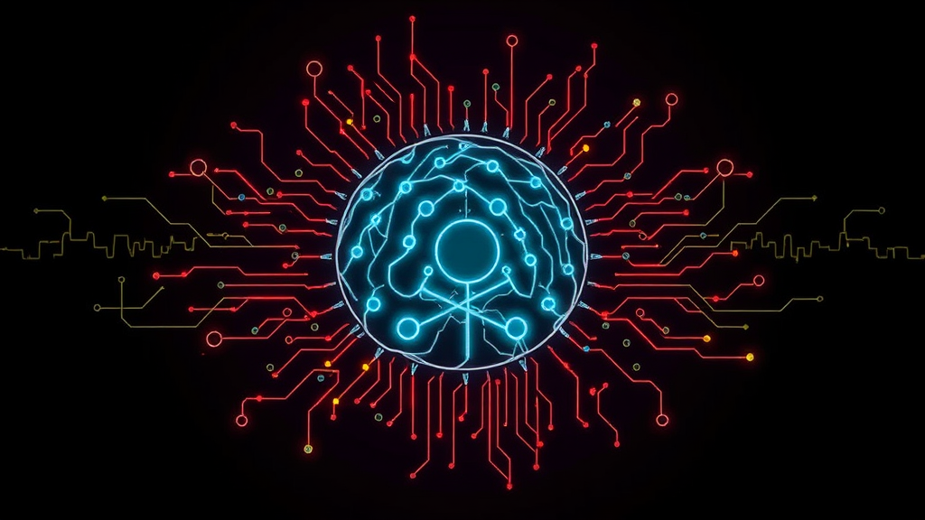 Symbolische Darstellung von Künstlicher Intelligenz mit Schaltkreisen, die durch menschliche Silhouetten und Datenströme umgeben sind, um ethische Herausforderungen wie Bias und Transparenz zu verdeutlichen.